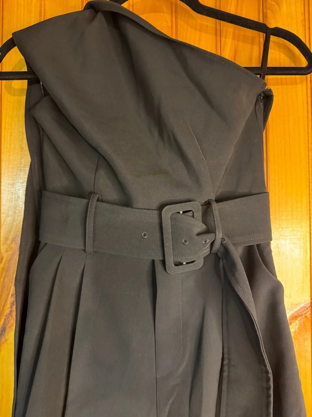 Choosy Elegent One-Shoulder Tie Wide-Leg Pant Jumpsuit with Belt,Black - Picture 3 of 11